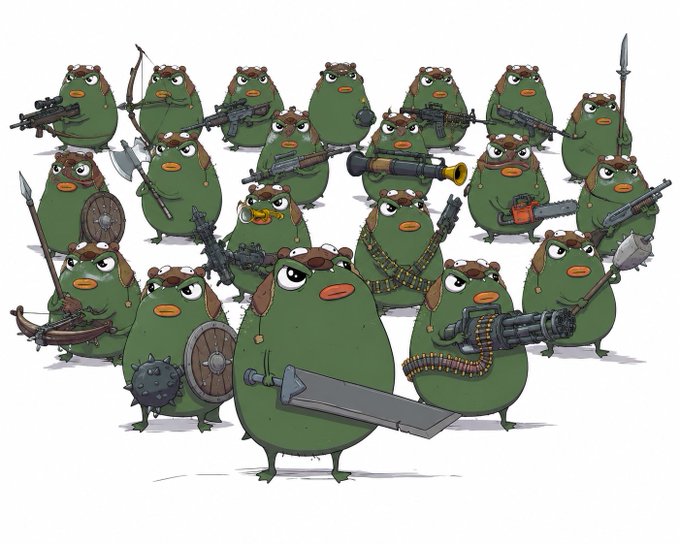 A group of cartoon green peas with determined expressions stand armed to the teeth with an assortment of weapons—from bows and axes to swords, machine guns, and chainsaws—led by a central figure wielding a large blade. The image humorously illustrates the "PVE" (Pistacio vs Environment) joke by depicting these "pistacio" peas as a fierce army prepared to take on their surroundings.