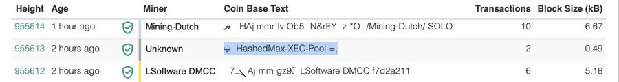 A blockchain explorer screenshot showing eCash (XEC) block data, with block height 955613 (2 hours ago) mined by "Unknown" featuring the coinbase text "HashedMax-XEC-Pool," confirming the activation of the new HashedMax mining pool as referenced in the post.
