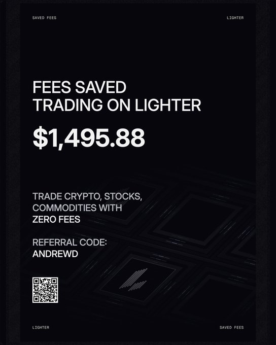 A black promotional graphic from 'LIGHTER' advertises 'FEES SAVED TRADING ON LIGHTER' totaling '$1,495.88', with a referral code 'ANDREWD' and a QR code.