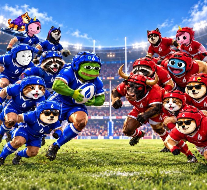 A surreal AI-generated image depicting a rugby match where anthropomorphic cats, dogs, a frog, and a bull in blue and red jerseys tackle each other on a stadium field.