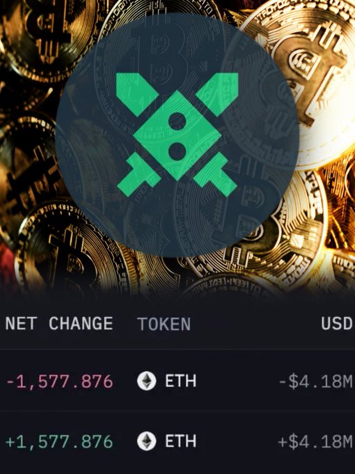 A cryptocurrency graphic displays the green Kyber Network (KNC) logo over gold Bitcoin coins, with transaction data showing ETH trades with a net change of -1,577.876 / -$4.18M.