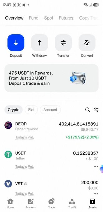 A screenshot of the MEXC cryptocurrency exchange app's Assets/Overview page showing a holdings list with 402.4 DEOD valued at $8,860.77 (up 2.00%), 0.15 USDT, and 200,000 VST, which aligns with the post highlighting the user's $8,000 DEOD breakout trade on MEXC.