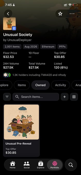 A screenshot of the OpenSea NFT collection page for "Unusual Society" by UnusualDeployer, showing 2,001 items with a floor price of $32.53, total volume of $27.5K, and a featured "Unusual Pre-Reveal" item with a top offer of $30.85, reflecting the user's recent mint from the UnusualNFTs collection via CoralCore.