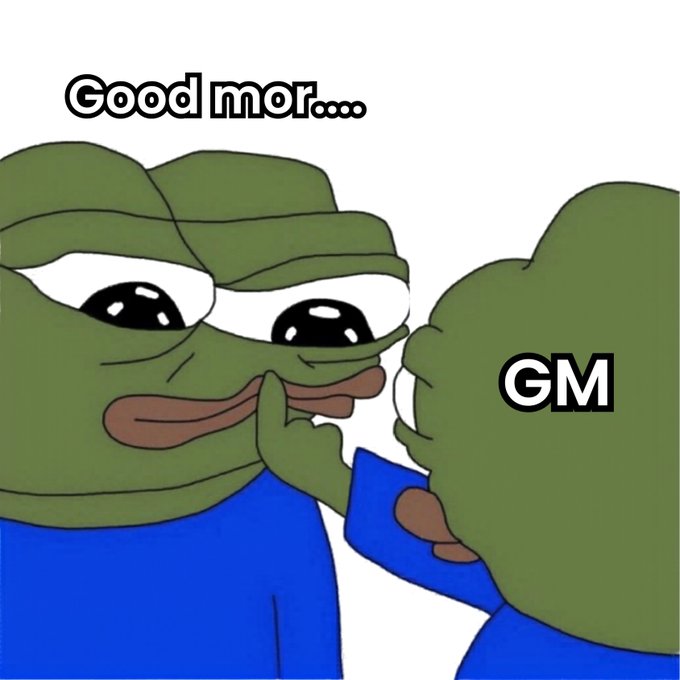 The image shows two Pepe the Frog characters, with the left one beginning to say "Good mor..." while the right one covers its face, labeled "GM" (Good Morning). This relates to the post "New week, Say GM back" by playfully depicting the awkward moment of initiating or responding to a common crypto/web3 greeting.