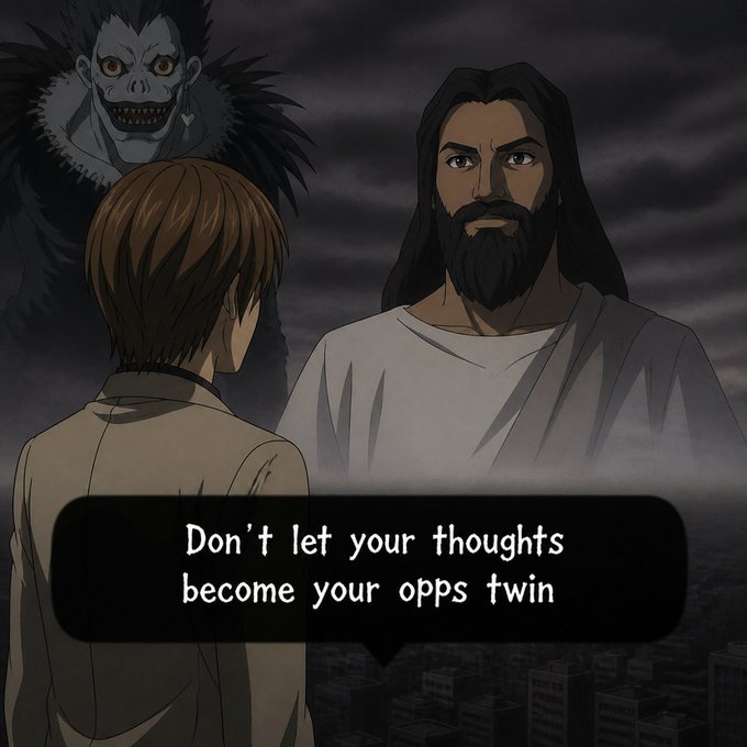 An anime-style meme featuring Jesus warning Light Yagami (from Death Note) that "Don't let your thoughts become your opps twin," while the menacing Ryuk from Death Note looms in the background.