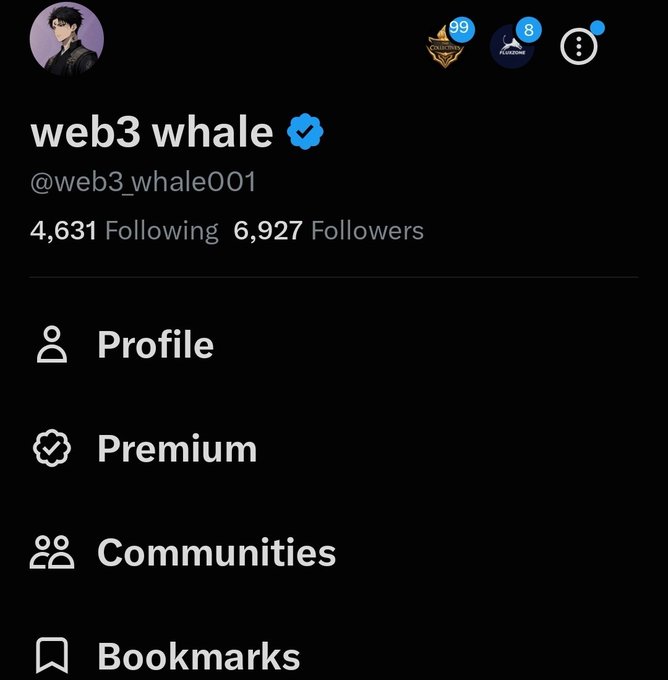 A Twitter profile page for a user named 'web3 whale' (@web3whale001) with a verified blue checkmark, showing 4,631 Following and 6,927 Followers, and menu options like Profile, Premium, and Communities.