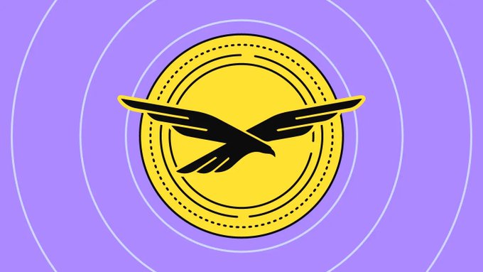 A simple graphic featuring a black bird/eagle logo inside a yellow circle with stitched border, set against a light purple background with radiating white rings.