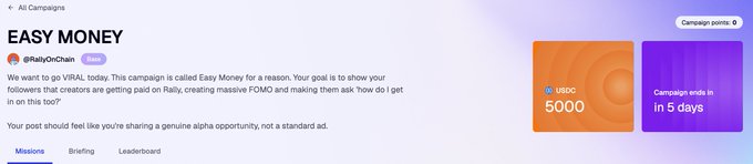 The image shows a banner with information about an easy money campaign called "Rally's Official Prize Pool". It offers an opportunity for creators to earn 500 USDC for their work, as well as providing tips on writing something up. The banner highlights that this is a simple contest and anyone can participate, making it accessible to people of all skill levels. The event seems to be organized by @RallyOnChain.