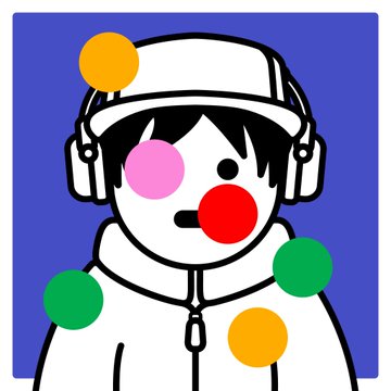 An illustration of a cartoon figure wearing a white hoodie and cap with headphones, decorated with colorful circles (orange, pink, red, green, yellow) against a purple background.