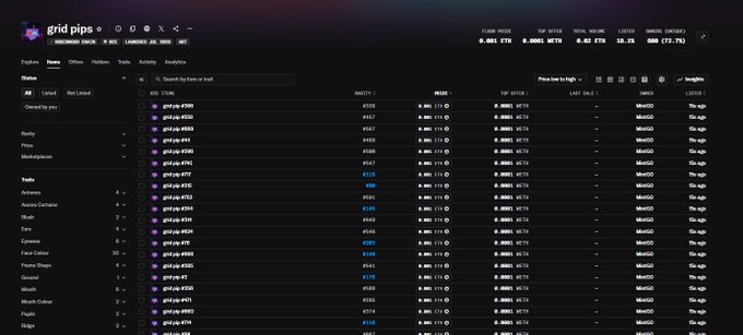 A screenshot of the GridPips homepage dashboard displays a table of various crypto token pairs like eth.usd, pepe.usd, and shib.usd, each with associated prices and empty status indicators. The image relates to the accompanying post as the user humorously comments "woa woa haha" while sharing their portfolio view, using hashtags #NFT #RH #gridpips to tag their grid trading platform activity.