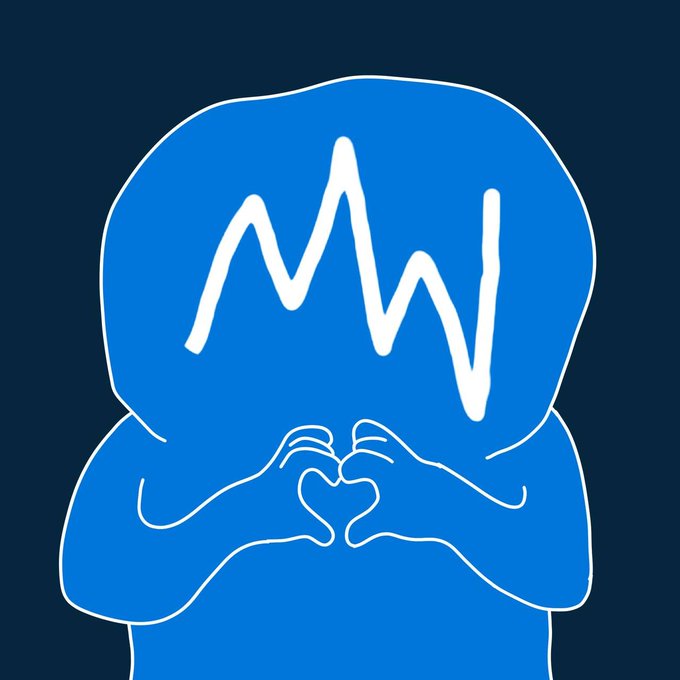 A blue stylized illustration of a figure with a star-shaped head containing a white waveform/scribble, hands forming a heart shape on a dark navy background.