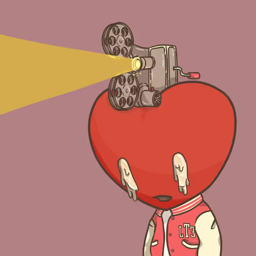 An illustration of a red heart-headed character in a varsity jacket crying, with a vintage film projector mounted on top of its head projecting a yellow beam of light.