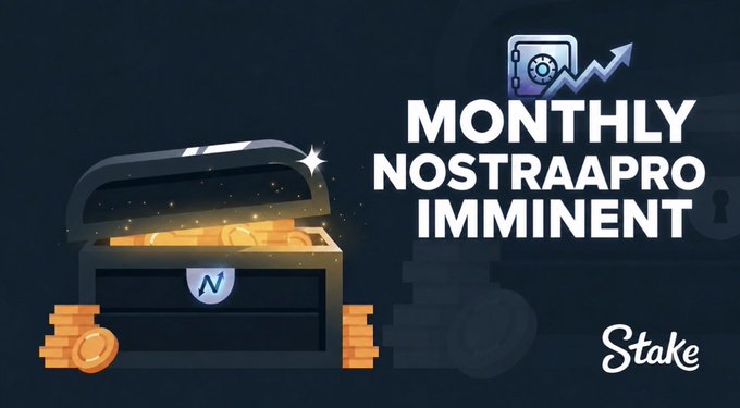 The image is a promotional graphic for Stake featuring a treasure chest overflowing with gold coins alongside the text "MONTHLY NOSTRAAPRO IMMINENT," with the Stake logo in the corner—visually representing the post's announcement of a monthly cashback promotion where users will receive a percentage of their total monthly stake returns in cash rather than free bets.