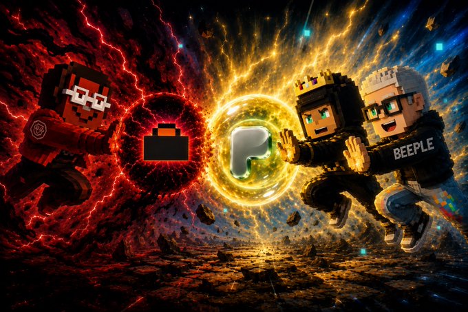 A vibrant digital artwork featuring a pixelated character on a red background reaching toward two characters labeled 'BEEPLE' on a blue/gold background, with a glowing orb in the center.