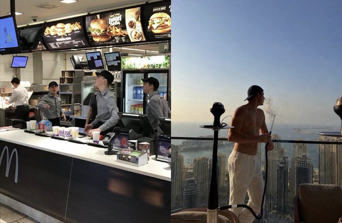 The image juxtaposes two contrasting scenes: a young man working at a McDonald's counter with menu boards and "GIFT BOX" displays visible, and the same man now shirtless, smoking from a hookah on the balcony of a high-rise penthouse overlooking a city skyline. This visual transformation illustrates the caption's narrative of going from earning $3.80/hour at McDonald's to affording a $5M penthouse through a single $ETH trade.