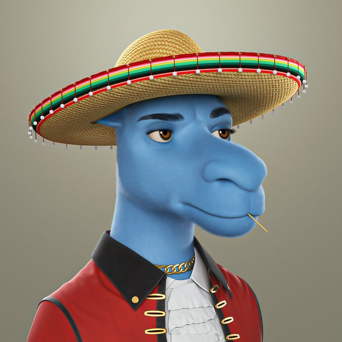 A 3D-rendered blue reptilian character wearing a traditional Mexican sombrero, red mariachi jacket, and white ruffled shirt, with a toothpick in its mouth.