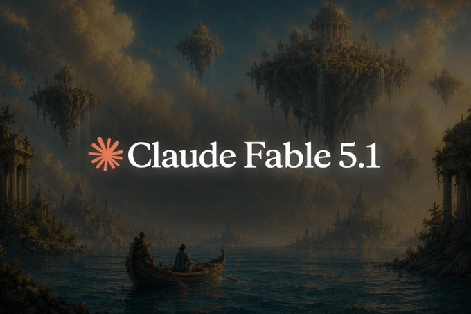 A fantasy artwork showing floating islands with castles above a body of water where figures in a boat are paddling, with the 'Claude Fable 5.1' logo and orange asterisk symbol overlaid in the center.