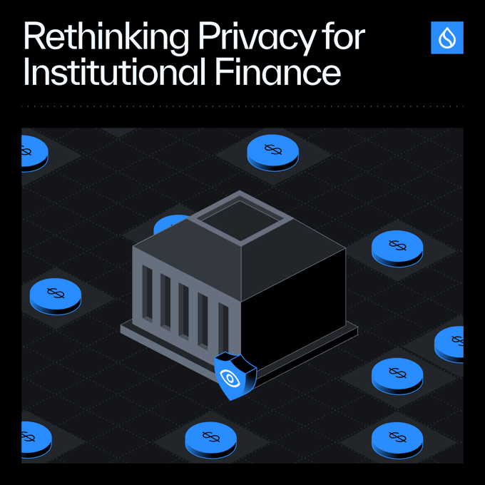 A dark-themed infographic titled 'Rethinking Privacy for Institutional Finance' featuring a 3D illustration of a classical building (bank/institution) surrounded by blue coin icons with link symbols and a Sui logo shield.
