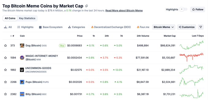 The image features a screenshot of a computer screen displaying several rows and columns of text, including information about cryptocurrencies such as Bitcoin and other digital assets like Magic Internet Money, which are listed along with their corresponding prices or values over time. The screenshot also highlights Bitcoin meme coins by market cap and popularity statistics, indicating that these digital tokens have gained considerable attention in the cryptocurrency space. A hashtag "DOG will be going on #BTC" is located near the bottom right corner of the image, possibly serving as a playful reference to a popular meme or joke related to Bitcoin.