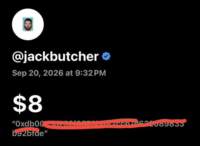 The image shows a tweet from verified user @jackbutcher dated Sep 20, 2026, displaying "$8" along with a partially redacted cryptocurrency address (with the middle portion crossed out in red), connecting to the accompanying post about an NFT holder contributing toward a payment.