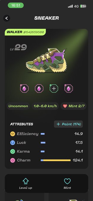 A mobile game interface showing a 'SNEAKER' NFT card labeled 'WALKER #642659586' with a 'LV 29' level, attributes like 'Charm 124.1', and other stats including 'Efficiency', 'Luck', and 'Karma'.