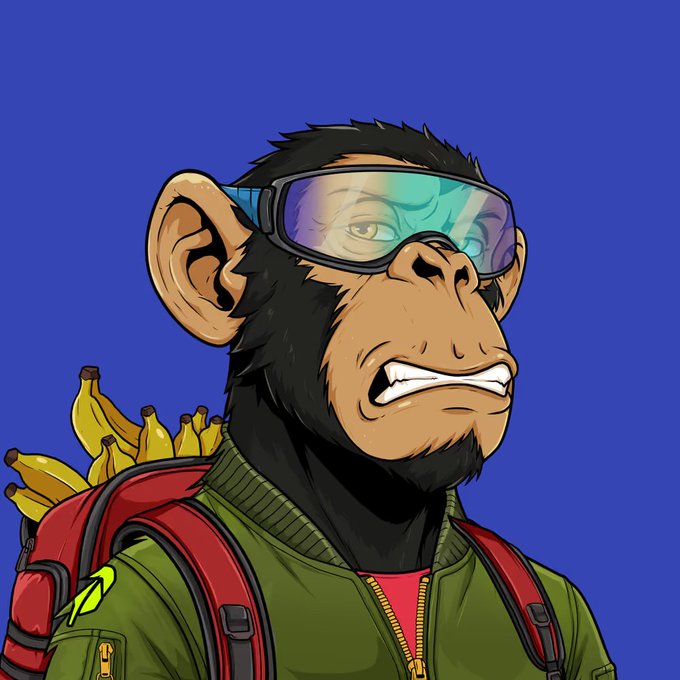 A cartoon NFT-style illustration of an angry chimpanzee wearing reflective sunglasses and a green bomber jacket, with bananas in a red backpack, on a blue background.