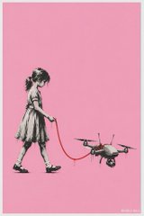 A Banksy-style stencil street art on a pink background depicting a young girl in a dress pulling a toy drone on a string.