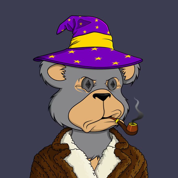 A cartoon teddy bear with Ethereum logo eyes wears a purple and yellow wizard hat with stars and smokes a pipe, wearing a brown fur coat—representing the Wizard NFT collectible from the Doodlegenics collection that the poster acquired as their first Ethereum NFT purchase.