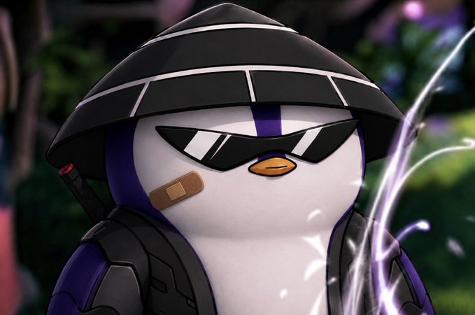 A cartoon penguin character wearing a conical Asian hat, sunglasses, and a tactical vest, appearing to wield purple energy effects.