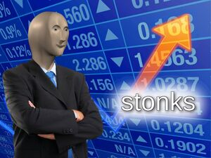 Meme image of a suited figure with a 'stonks' arrow pointing up against a background of financial market data.