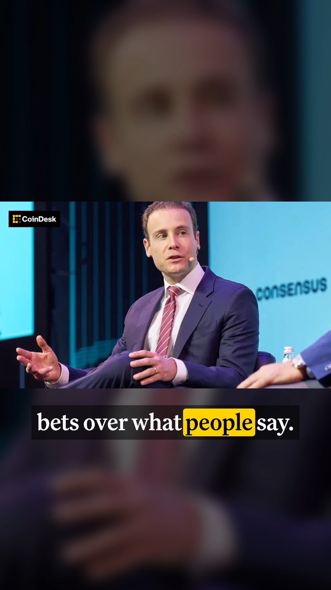 A CoinDesk Consensus panel features a man in a suit, with text at the bottom reading "bets over what people say."