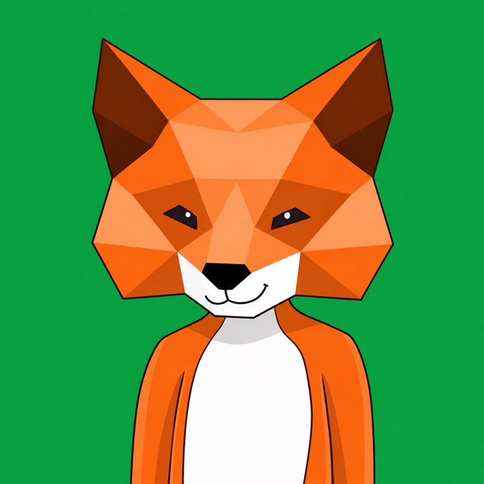 A geometric, low-poly style digital illustration of a smiling orange and white fox against a solid green background.