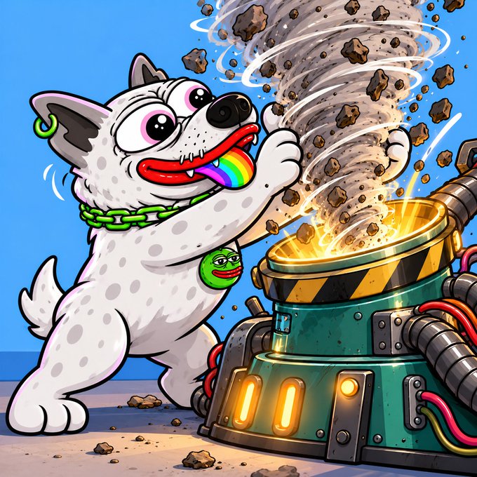 A cartoon illustration of a white spotted dog with a rainbow tongue, wearing a green chain necklace and pendant, excitedly interacting with a machine creating a tornado of debris.