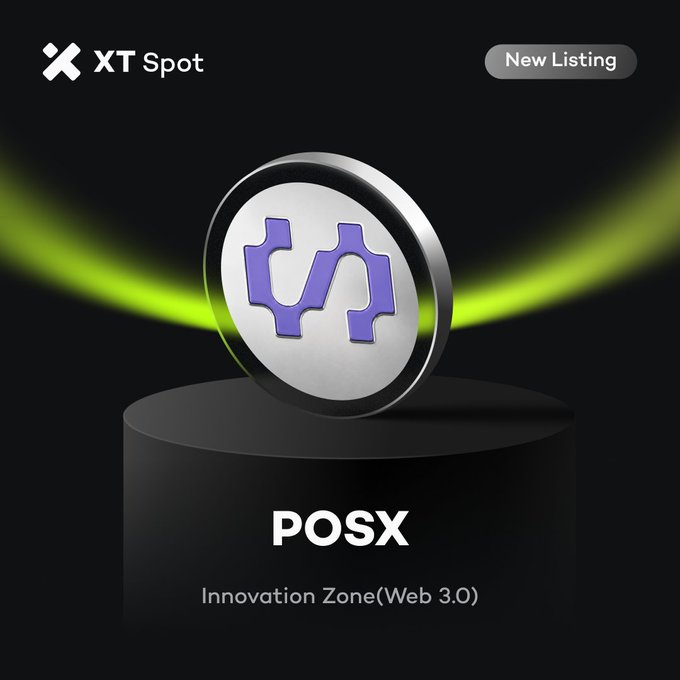 A promotional graphic from XT Spot announcing the new listing of $POSX (POSX) token in the Innovation Zone (Web 3.0), featuring a 3D metallic coin with the purple POSX logo displayed on a black pedestal with neon green accents.