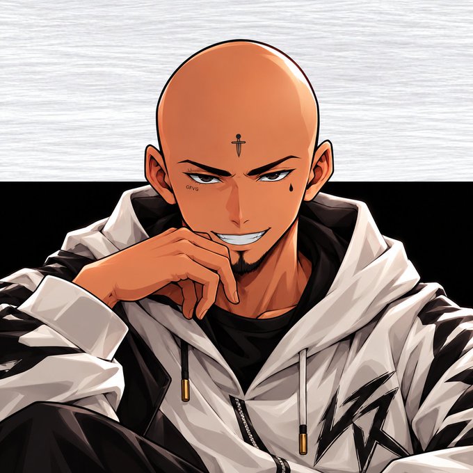 An illustrated character portrait of a bald man with a goatee and facial tattoos wearing a white hooded jacket.