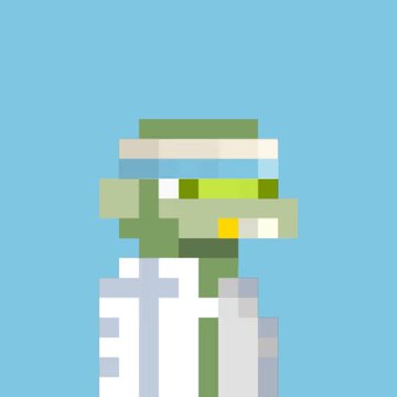 A pixel art image of a green-skinned character wearing a headband and what appears to be a lab coat or outfit on a light blue background.