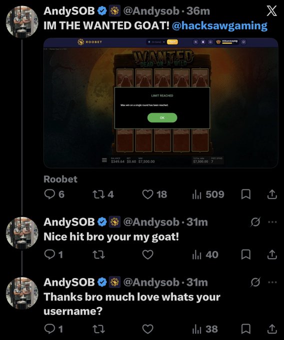 Twitter screenshots from user AndySOB (@Andysob) claiming 'IM THE WANTED GOAT! @hacksawgaming' and congratulating others on Roobet casino wins, showing tweets with engagement metrics.