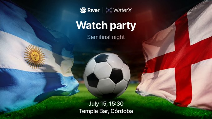 A promotional graphic for a 'Watch party Semifinal night' hosted by River and WaterX features Argentina and England flags with a soccer ball, dated July 15, 15:30 at Temple Bar, Córdoba.