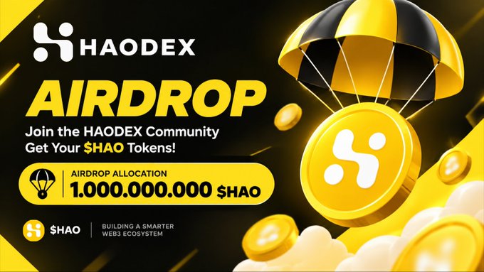 A promotional banner for HAODEX advertising an AIRDROP of 1,000,000,000 $HAO tokens, featuring yellow coins falling from a parachute and the text 'Join the HAODEX Community, Get Your $HAO Tokens!'