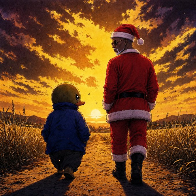 Stylized illustration of a person dressed as Santa Claus walking alongside a duck character at sunset.