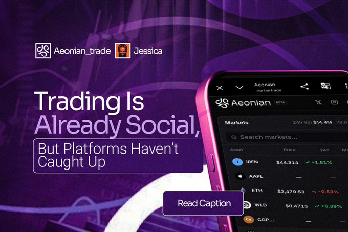 A promotional graphic for 'Aeonian_trade' featuring the text 'Trading Is Already Social, But Platforms Haven't Caught Up' and a 'Read Caption' button, showing a phone displaying market prices for IREN, AAPL, ETH, WLD, and CQP.