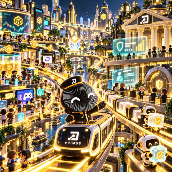 A futuristic BNB ecosystem cityscape features a sleek monorail labeled "PRIMUS" alongside cartoon-style avatars and floating security and analytics dashboards, visually emphasizing the network's existing user base, liquidity, and applications. The image reinforces the post's message that BNB already has the foundational infrastructure in place and now needs to demonstrate whether it can support more serious institutional activity.