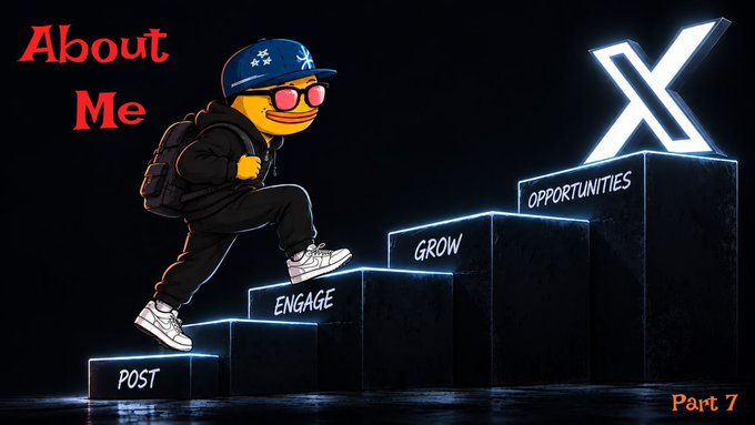 A graphic titled 'About Me' showing a cartoon figure in a cap and sunglasses climbing stairs labeled 'POST', 'ENGAGE', 'GROW', 'OPPORTUNITIES', reaching a large illuminated 'X' logo, marked 'Part 7'.