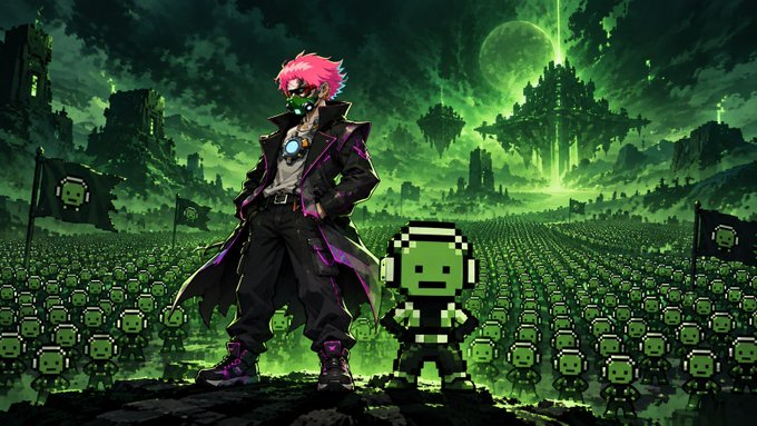 An animated artwork depicting a pink-haired character in a black and purple coat standing next to a green pixel-art figure, surrounded by an army of similar pixel figures in a surreal green landscape.