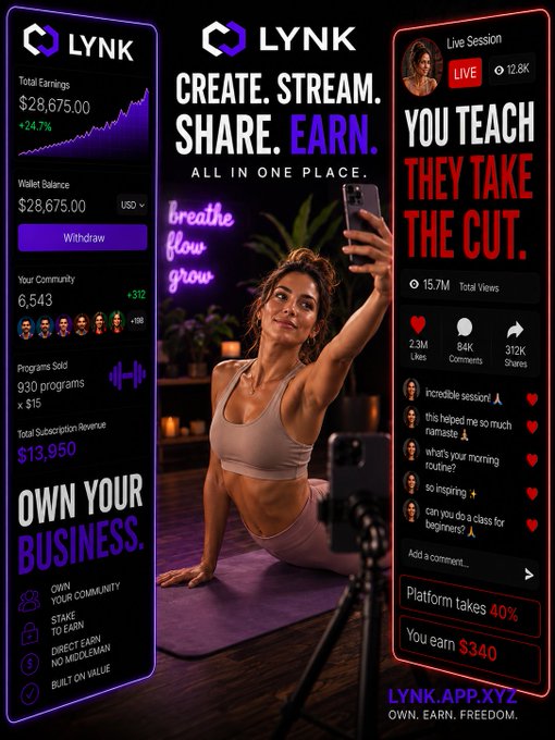 A promotional advertisement for the 'LYNK' app showing a woman taking a selfie, with text reading 'CREATE. STREAM. SHARE. EARN.' and 'YOU TEACH THEY TAKE THE CUT.'