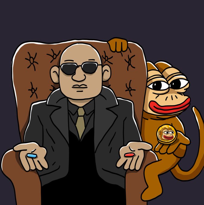 A bald man in a black suit and sunglasses, evoking Morpheus from The Matrix, sits in a brown tufted chair offering red and blue pills, while a cartoonish PONKE monkey with large red lips holds a gold PONKE coin, illustrating the meme's choice between the "blue pill" and the "PONKE pill."