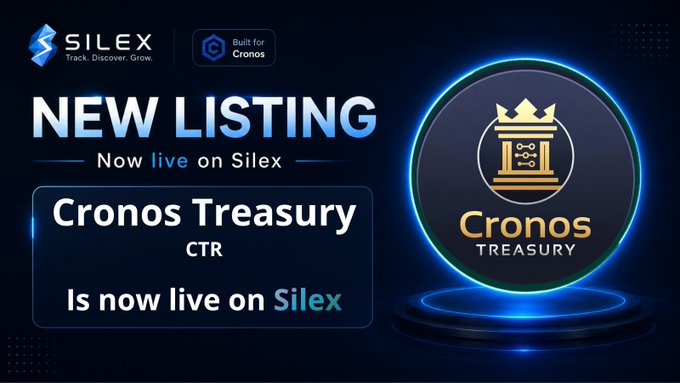 A promotional graphic announcing a new listing: 'Cronos Treasury (CTR) Is now live on Silex', built for Cronos.