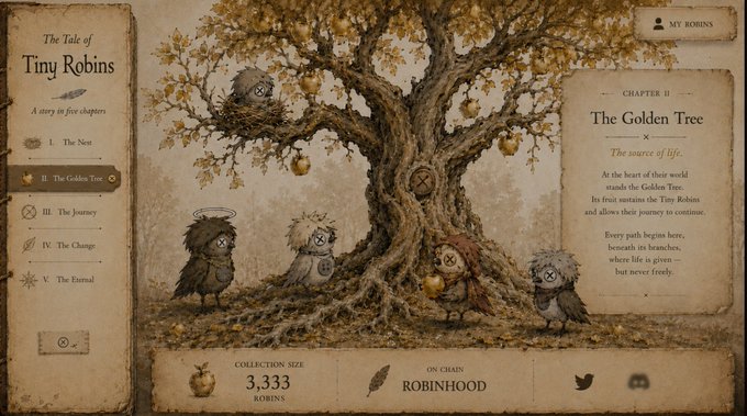 The image showcases a chapter selection screen from "The Tale of Tiny Robins," with Chapter II "The Golden Tree" highlighted, depicting small bird characters gathered around a tree bearing golden apples. The post ties into this scene by announcing a two-day countdown until a journey begins, with limited mint spots remaining, echoing the chapter's theme of impending travel.