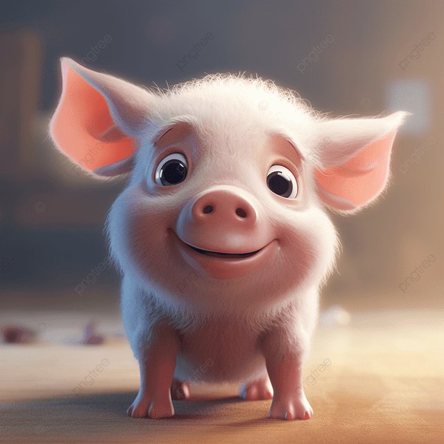 A 3D-rendered cute cartoon piglet with large eyes, big pink ears, and a smile, standing on a sandy surface with a soft blurred background, featuring a 'pngtree' watermark.