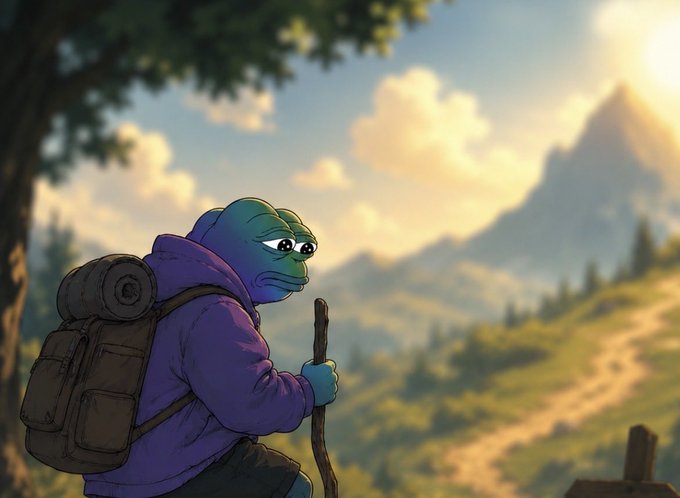 A digital illustration of a blue frog-like character wearing a purple hoodie and carrying a backpack and walking stick, hiking through a mountainous landscape with a winding path.